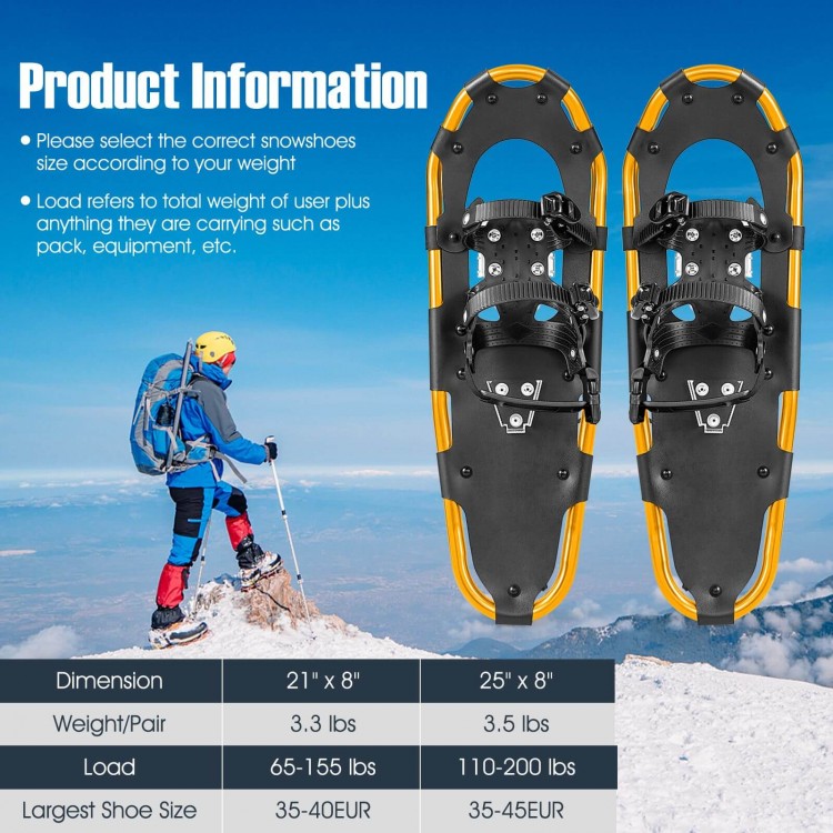 Lightweight 21-inch snowshoes with aluminum alloy frame and adjustable bindings, ideal for snow activities.